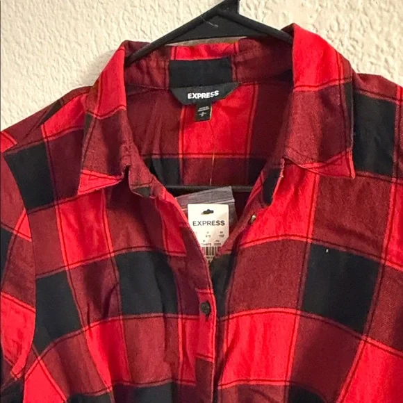 Express Red and Black Plaid Lace-Up Shirt - Picture 4 of 8